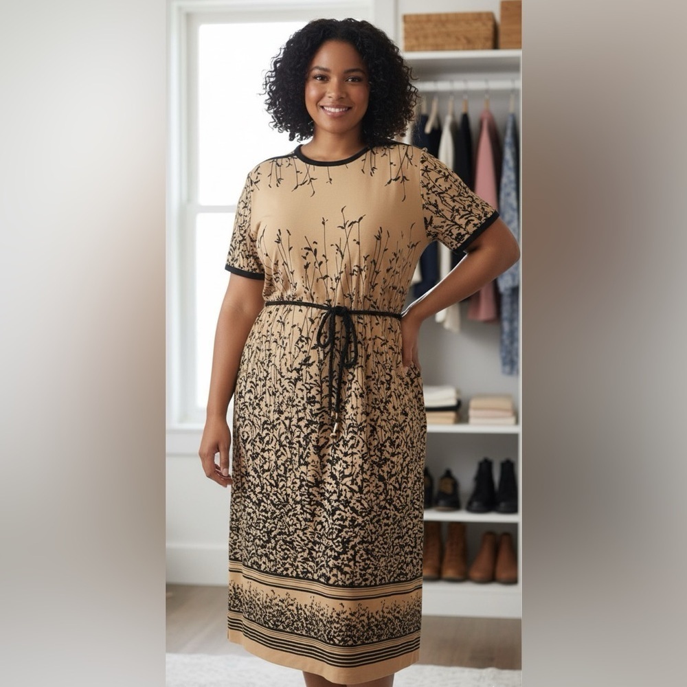 Vintage Plus Size Tan and Black Floral Dress With Robe Belt